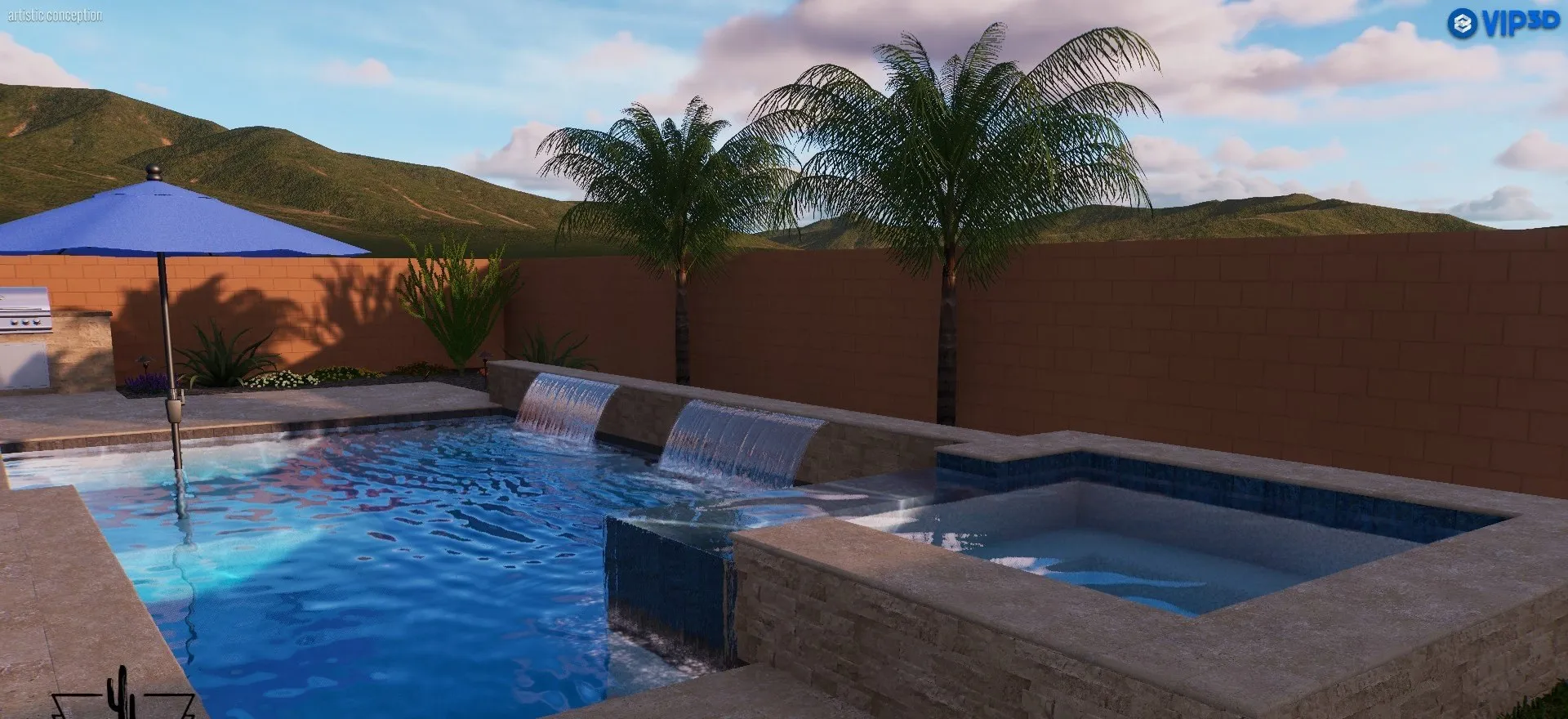 3D design of a custom Tucson pool and backyard by Meraki Pools AZ