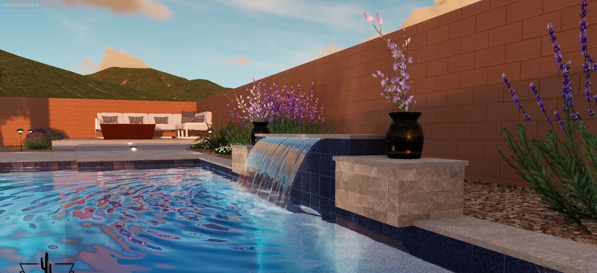 3D rendering of a custom pool with sheer descent and desert landscaping at dusk